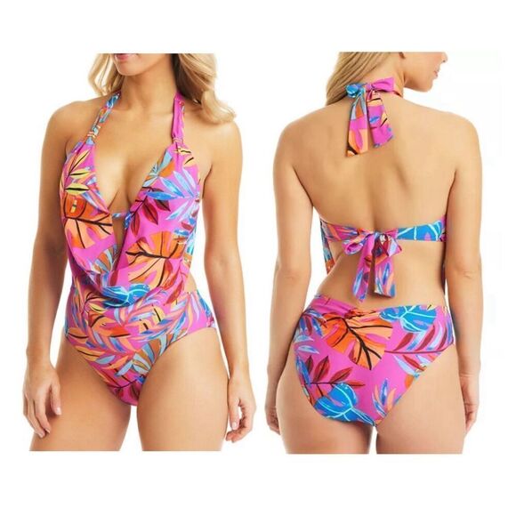BAR III Women's Paradise In The Palms Cowl Neck One-Piece Swimsuit - Picture 1 of 7